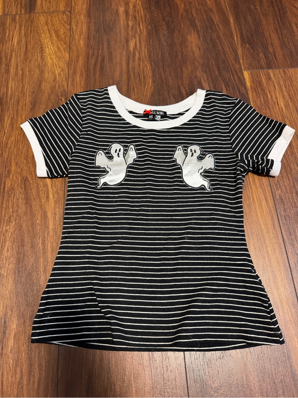 Hell Bunny Black & White Striped Tee with Ghost Patches